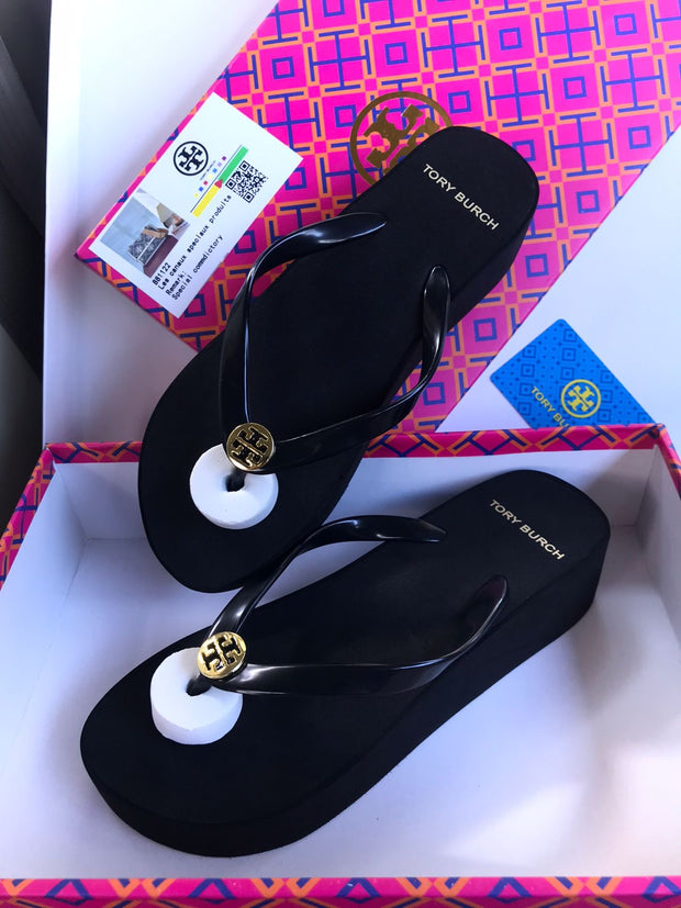 Tory Burch Black Wedgy Flips