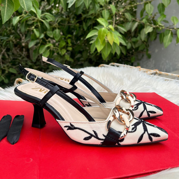 Zara Embroidered Chain Decor Pumps