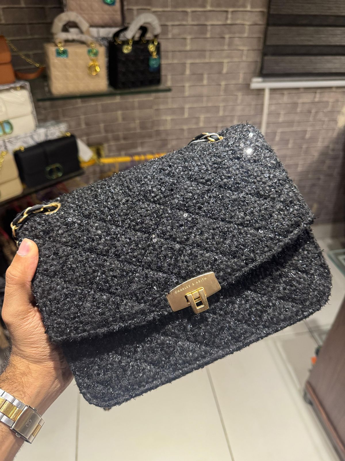 Charles And Keith Tweed Chain Strap Bag