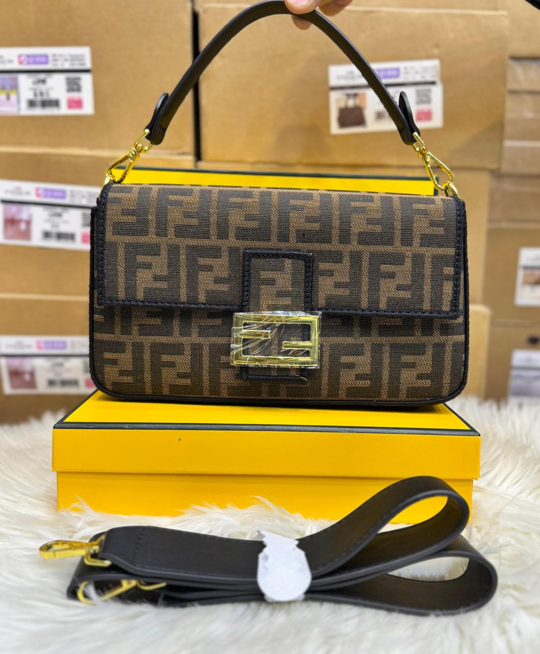 Fendi Tobacco brown FF jacquard Fabric Bag