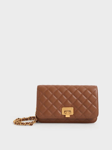 Charles & Keith Quilted Push-Lock Clutch - Chocolate