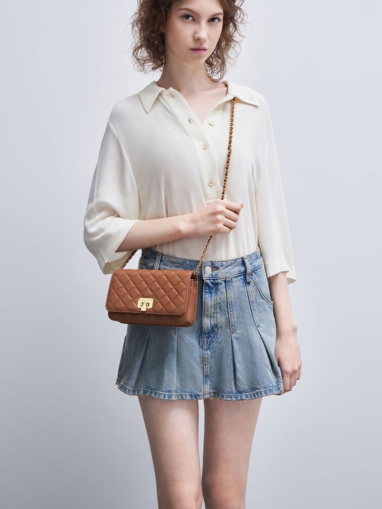 Charles & Keith Quilted Push-Lock Clutch - Chocolate