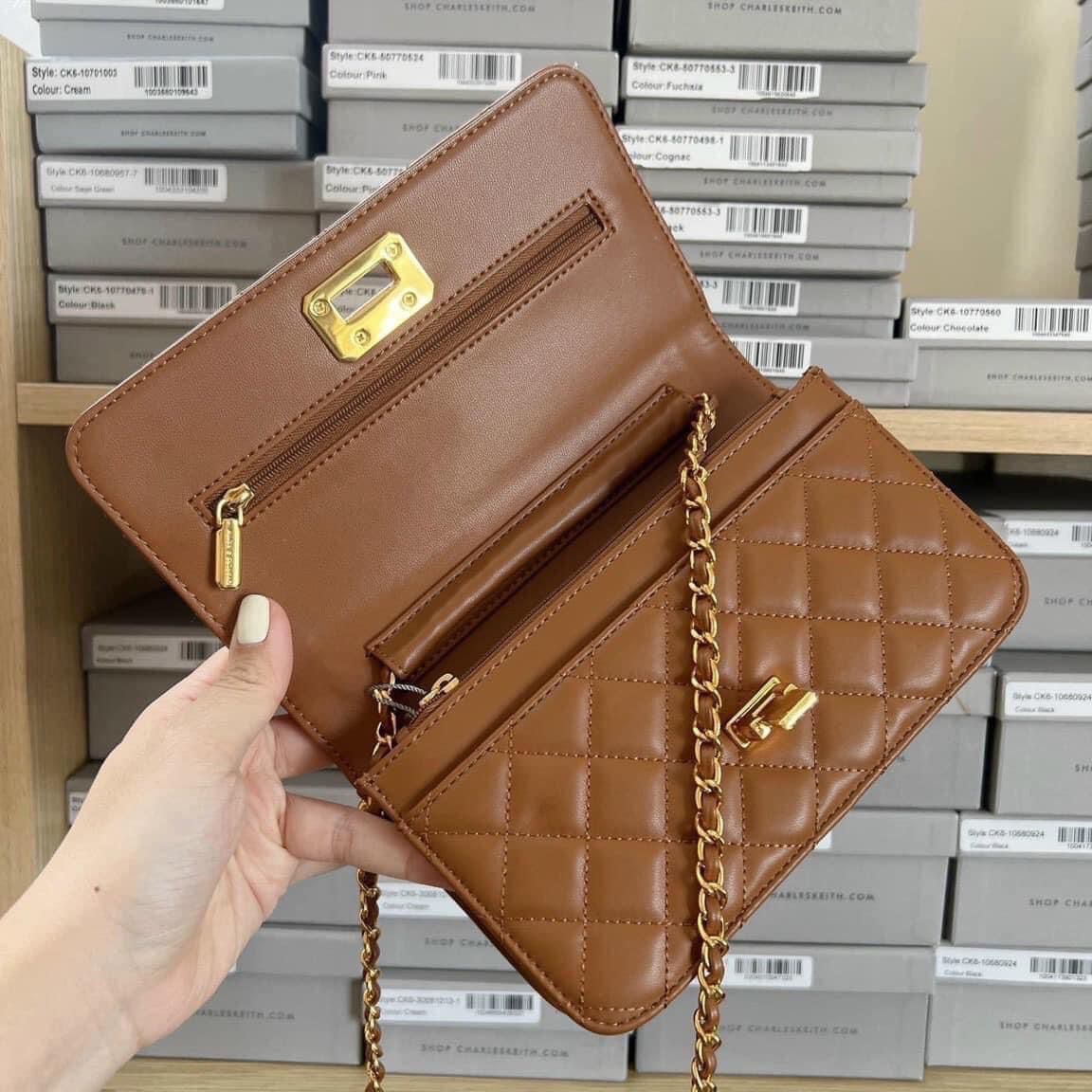 Charles & Keith Quilted Push-Lock Clutch - Chocolate