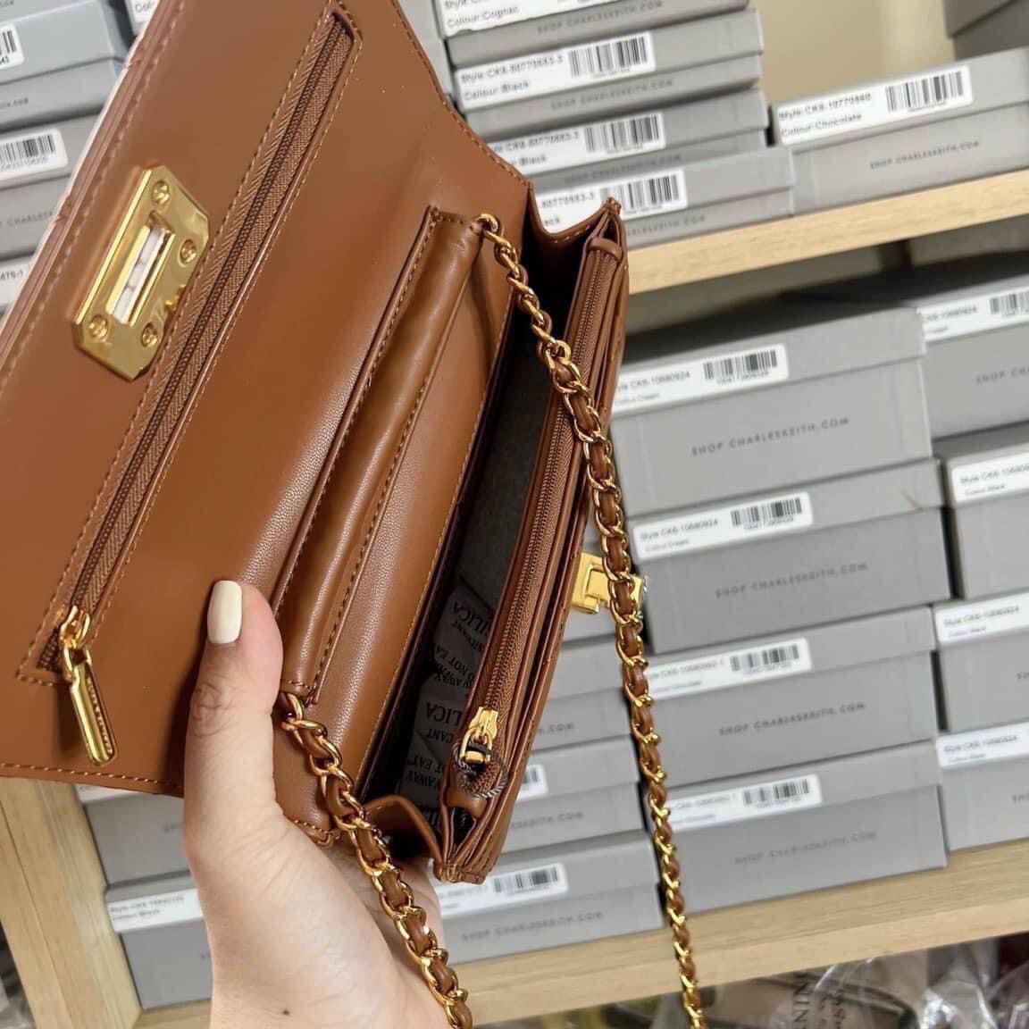 Charles & Keith Quilted Push-Lock Clutch - Chocolate