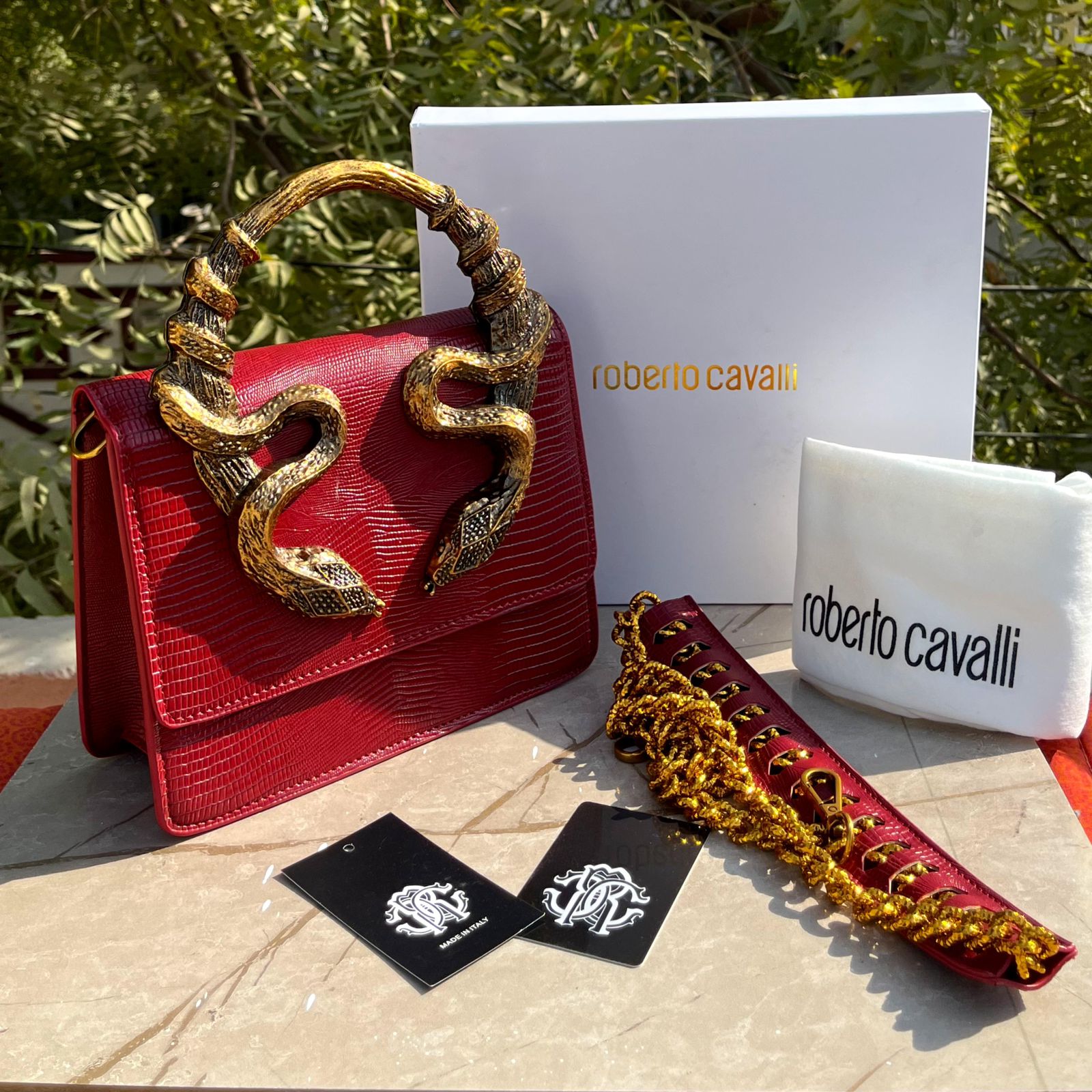 Roberto Cavalli Borsa Bordeaux Con Serpenti Bag
