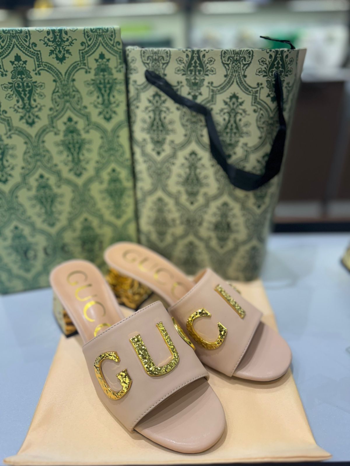 Gg Heeled Sandals with Gold-Tone Logo Detailing