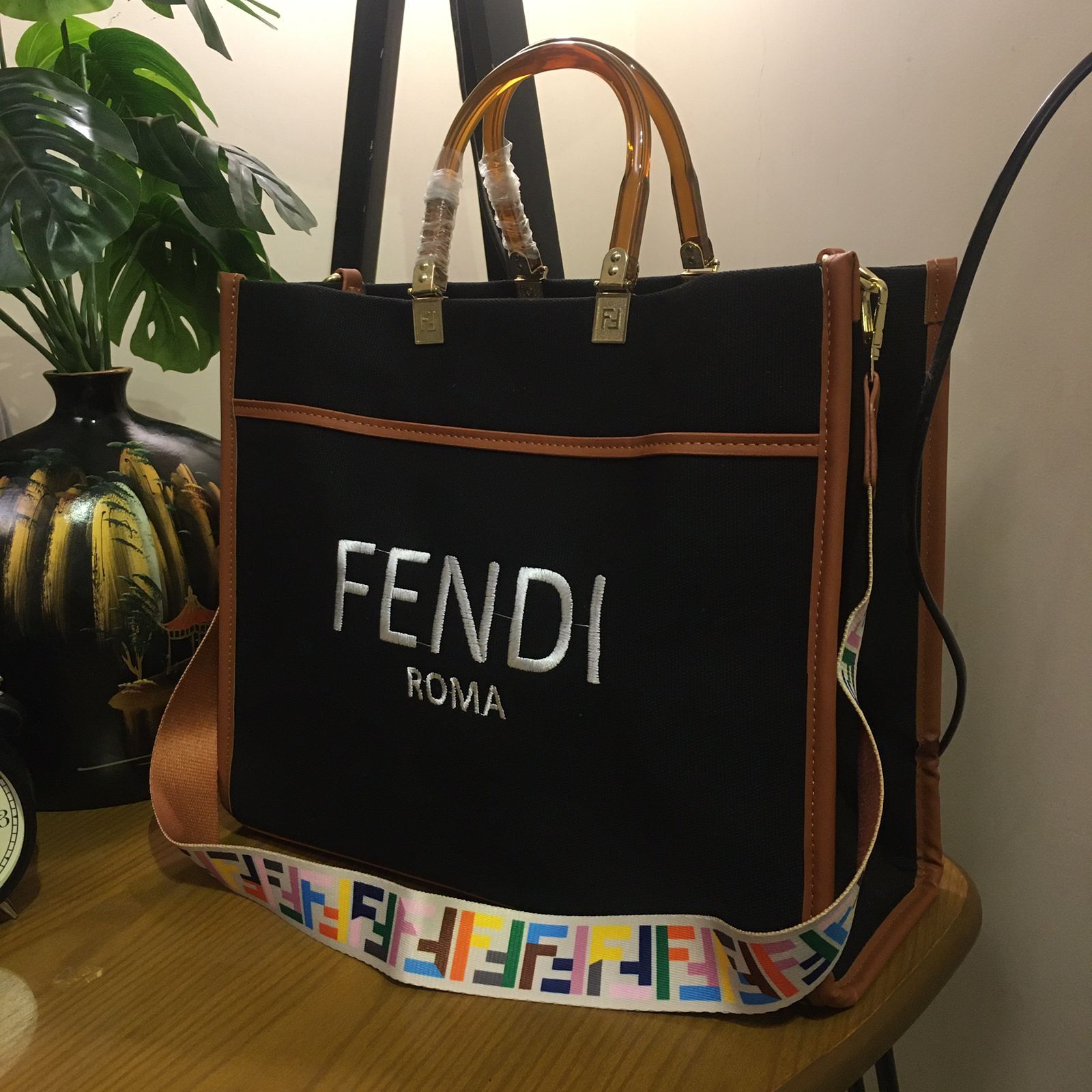 Fendi Embroidered Canvas Jute Tote Bag