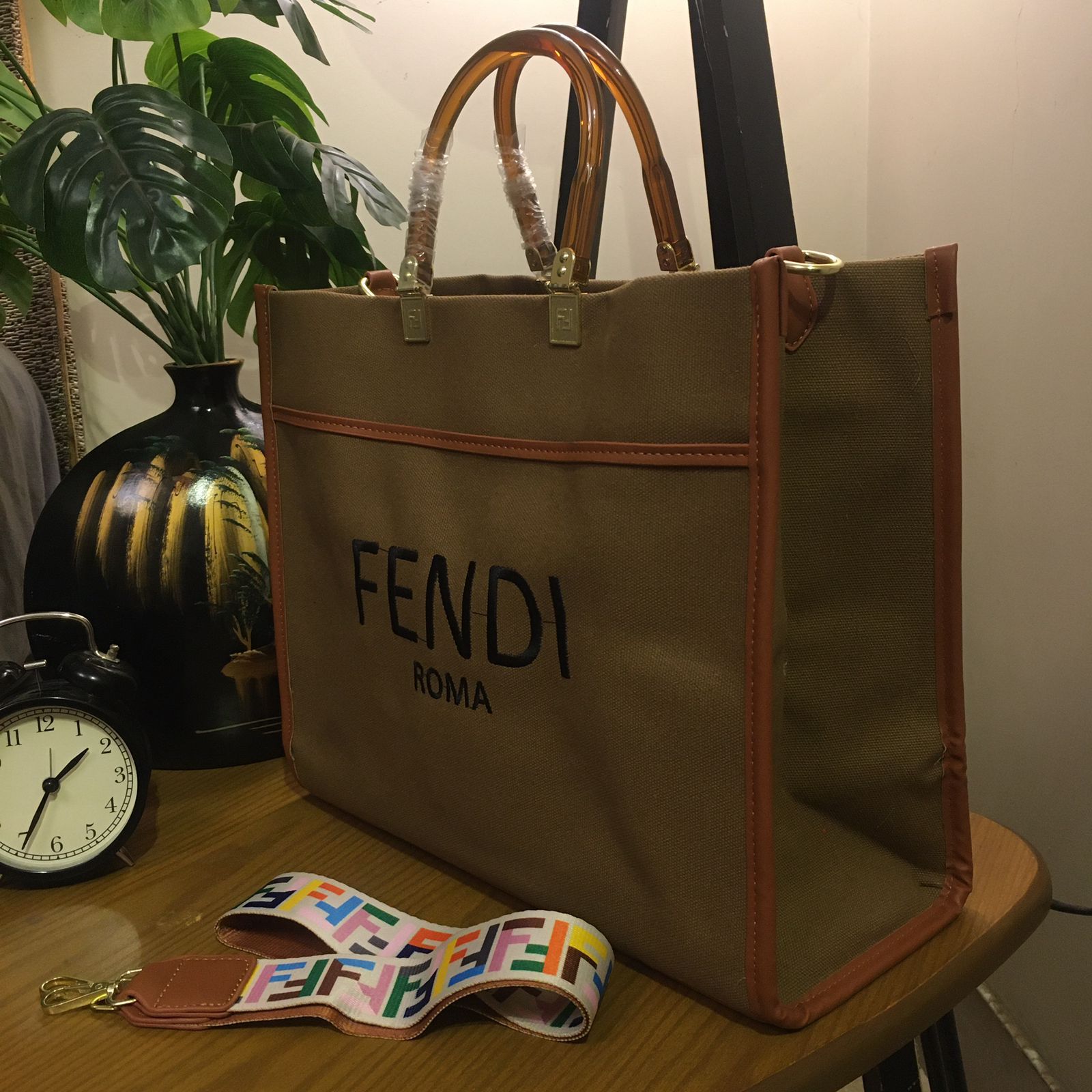 Fendi Embroidered Canvas Jute Tote Bag